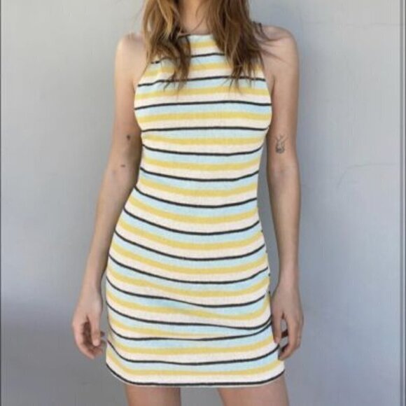 Zara Rustic Halter Neck Dress Blue Yellow Striped Knit Mini Dress M NWT - Picture 1 of 6